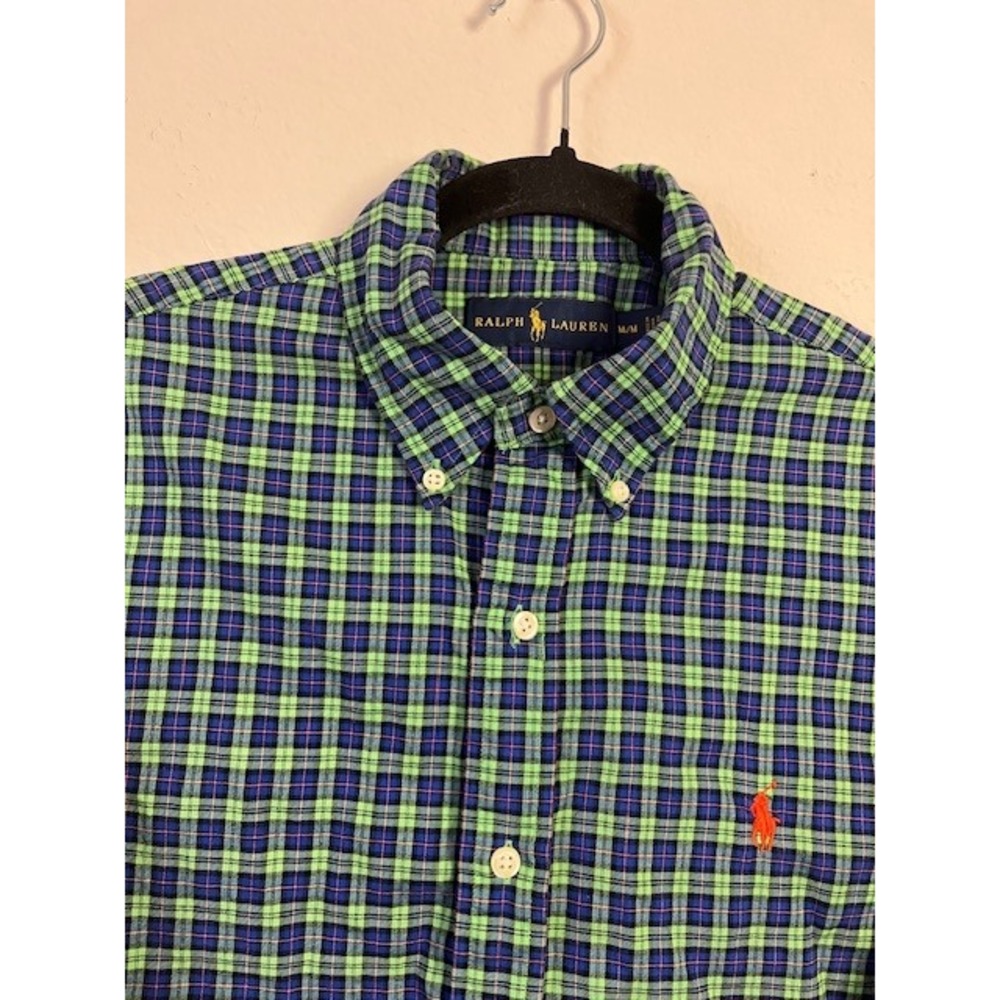 Ralph‎ Lauren Medium Plaid Button Down Shirt Green Blue Orange Pony Logo